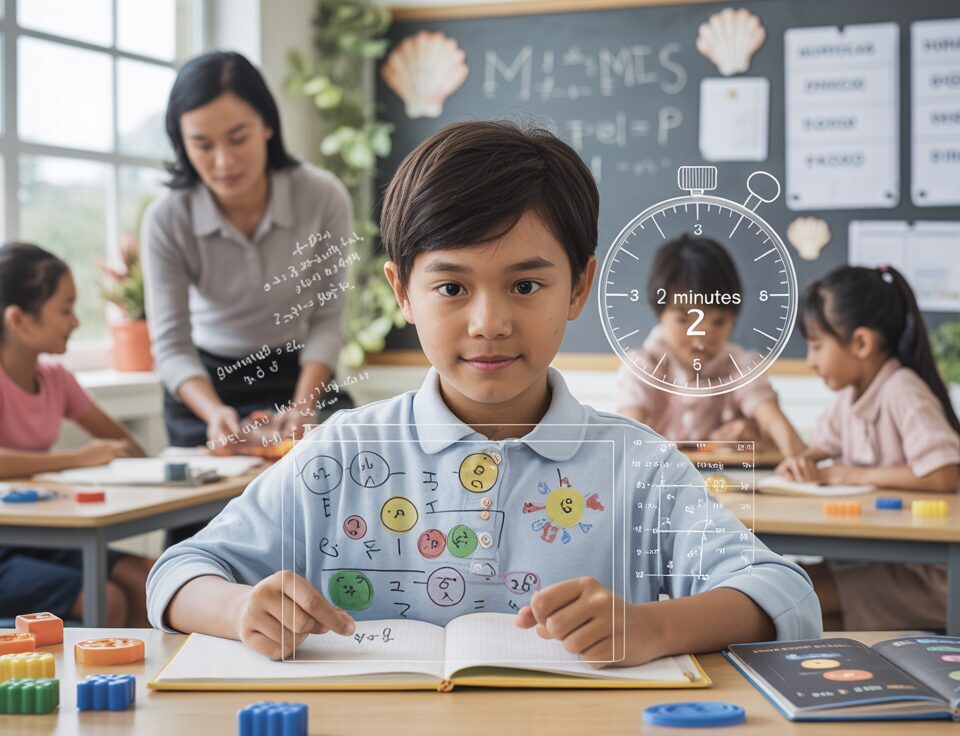 Primary 6 student solves math problem on transparent whiteboard in bright classroom.