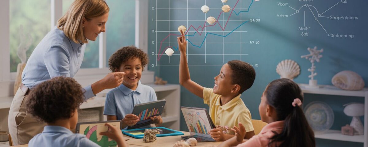 Primary school students explore line graphs with teacher in ocean-themed classroom.