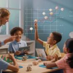 Primary school students explore line graphs with teacher in ocean-themed classroom.