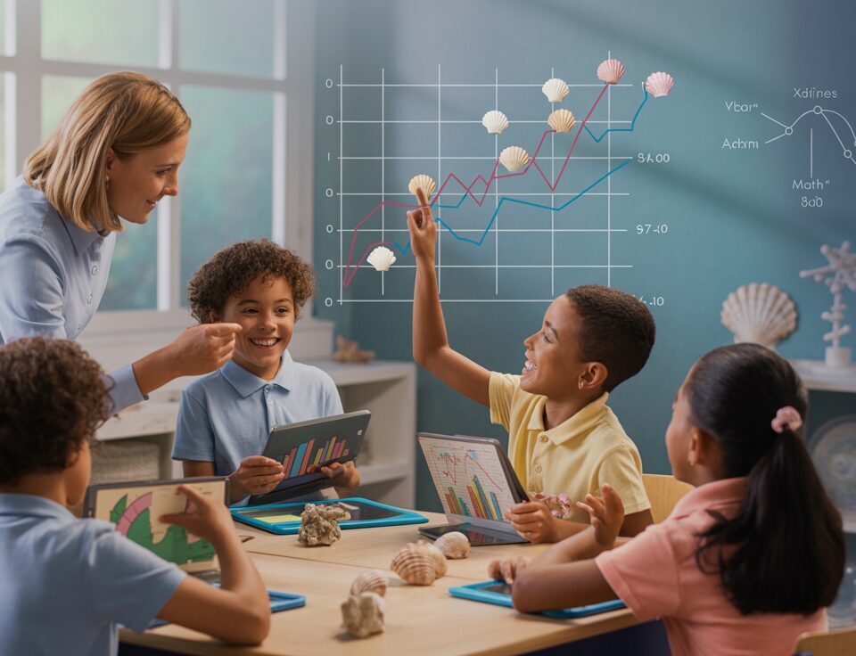 Primary school students explore line graphs with teacher in ocean-themed classroom.