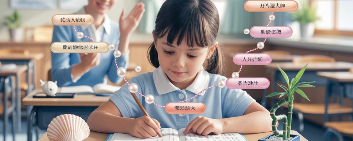 Primary student in a bright classroom writing a Chinese essay, using colorful mind maps and surrounded by traditional Chinese elements.