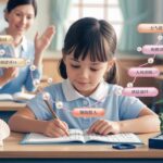 Primary student in a bright classroom writing a Chinese essay, using colorful mind maps and surrounded by traditional Chinese elements.
