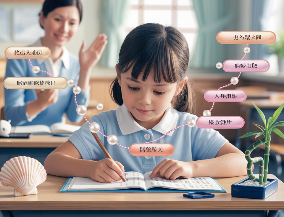 Primary student in a bright classroom writing a Chinese essay, using colorful mind maps and surrounded by traditional Chinese elements.