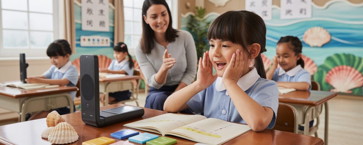 Primary student practicing Chinese tones in a serene nautical-themed classroom.