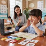 Primary student practicing Chinese tones in a serene nautical-themed classroom.