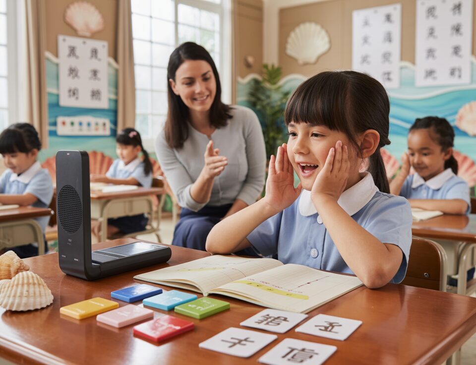 Primary student practicing Chinese tones in a serene nautical-themed classroom.