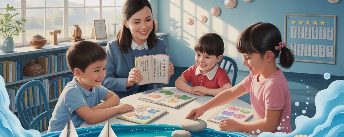 Serene classroom in Singapore with diverse kids and teacher, ocean blues, cultural artifacts.