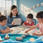 Serene classroom in Singapore with diverse kids and teacher, ocean blues, cultural artifacts.