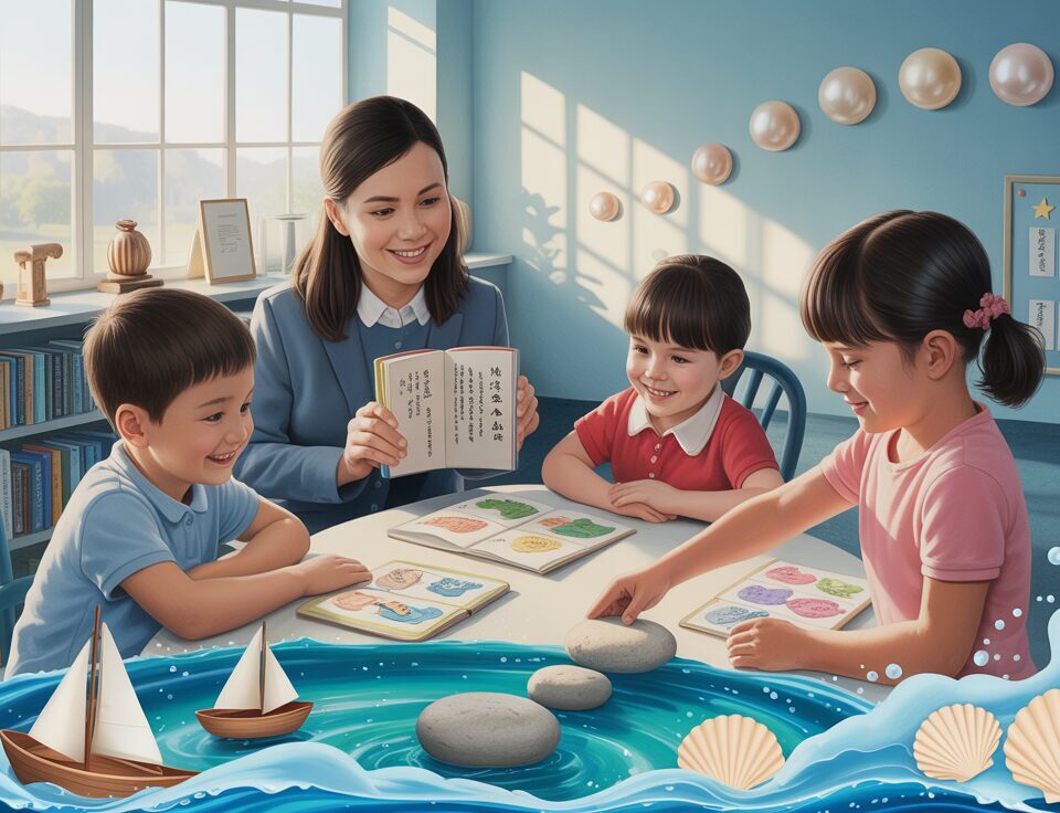 Serene classroom in Singapore with diverse kids and teacher, ocean blues, cultural artifacts.