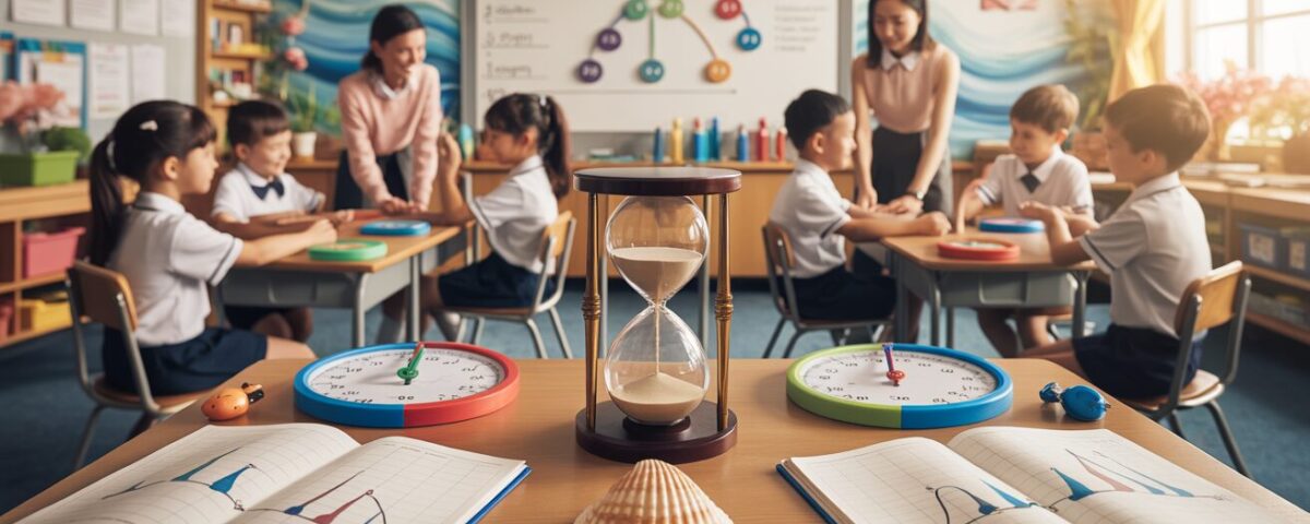 Singaporean classroom with math workbooks, hourglass, seashells, and diverse students.