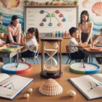 Singaporean classroom with math workbooks, hourglass, seashells, and diverse students.