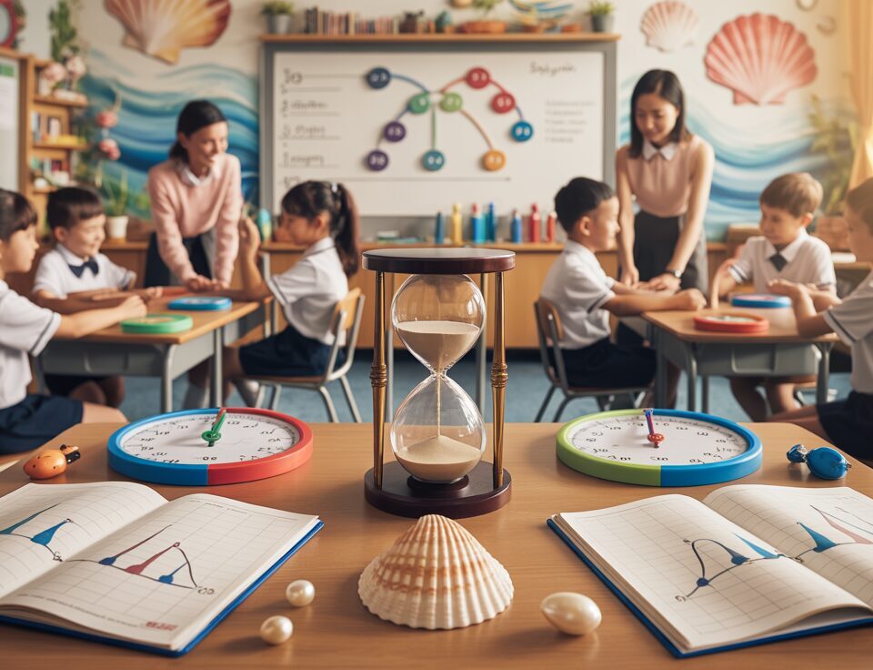 Singaporean classroom with math workbooks, hourglass, seashells, and diverse students.
