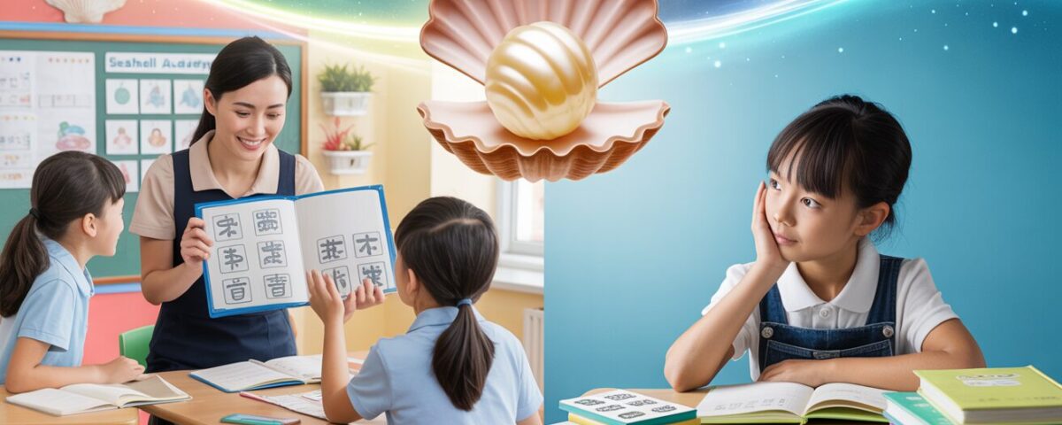 Split-screen: students in a lively classroom vs. solitary home study, connected by a glowing pearl.