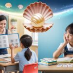 Split-screen: students in a lively classroom vs. solitary home study, connected by a glowing pearl.