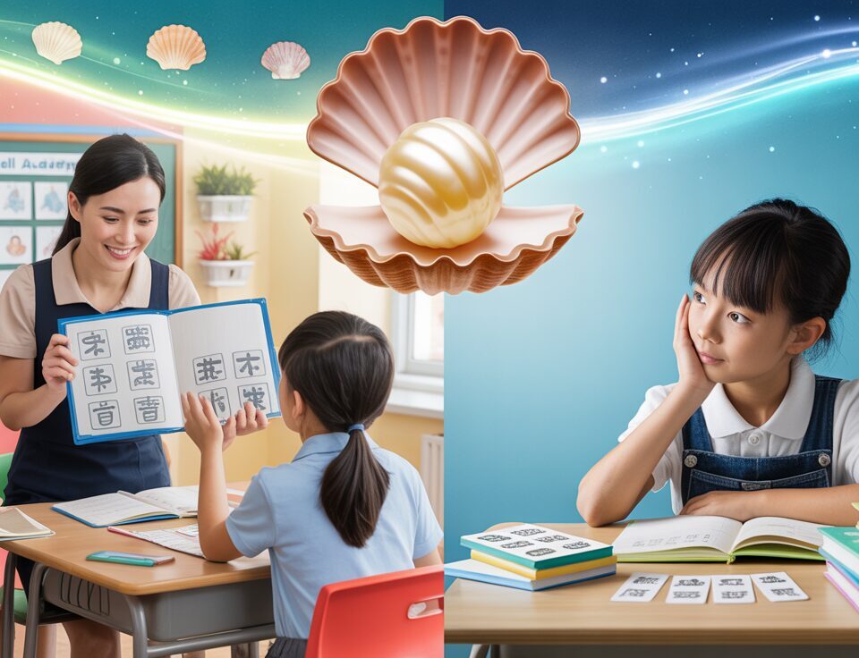 Split-screen: students in a lively classroom vs. solitary home study, connected by a glowing pearl.