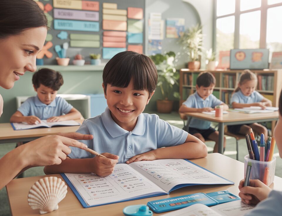 Student and teacher collaboration in a vibrant, sunlit Singapore classroom.