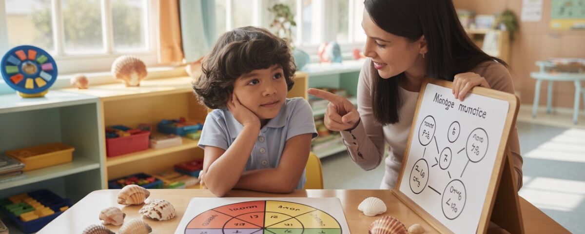 Student and teacher explore math with seashell tools in a warm classroom.