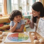 Student and teacher explore math with seashell tools in a warm classroom.