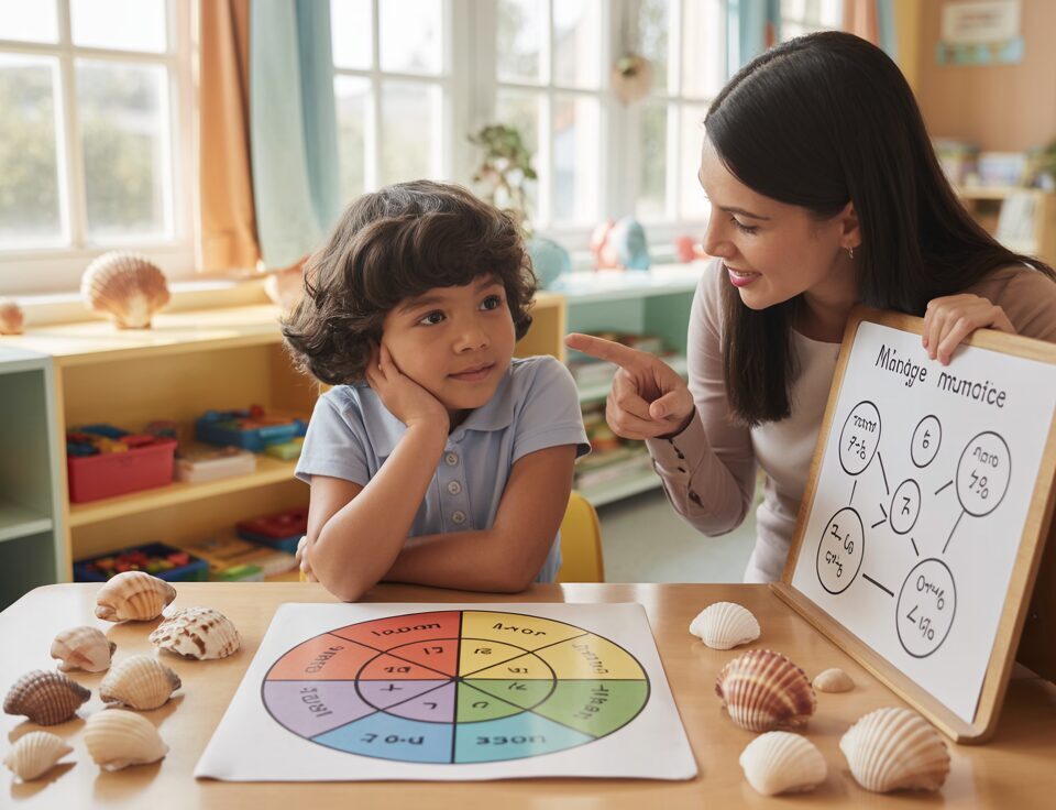 Student and teacher explore math with seashell tools in a warm classroom.
