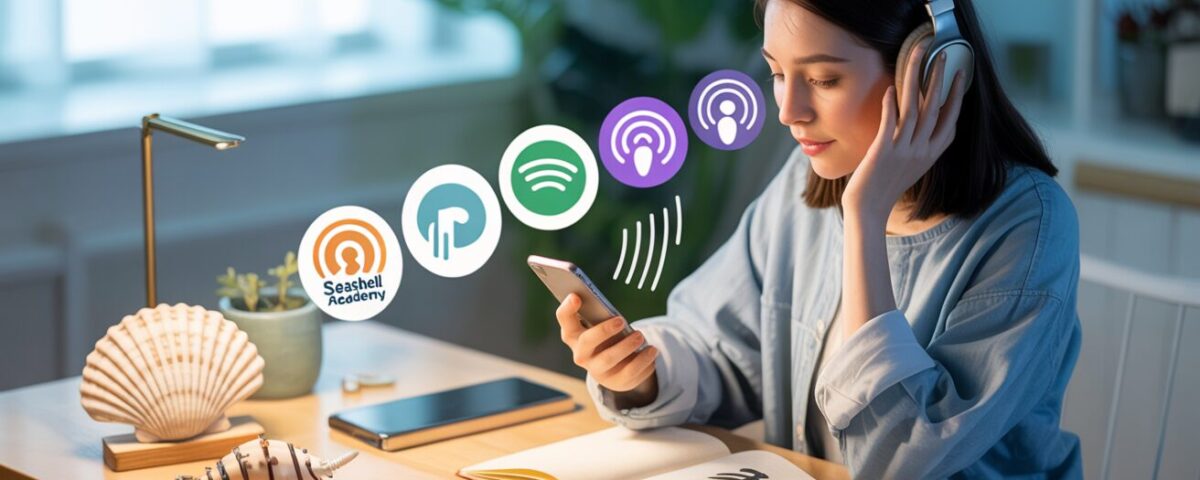 Student in a serene study with Chinese elements, headphones on, listening to a podcast.