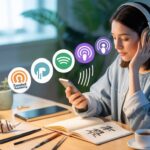 Student in a serene study with Chinese elements, headphones on, listening to a podcast.