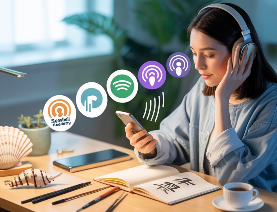 Student in a serene study with Chinese elements, headphones on, listening to a podcast.