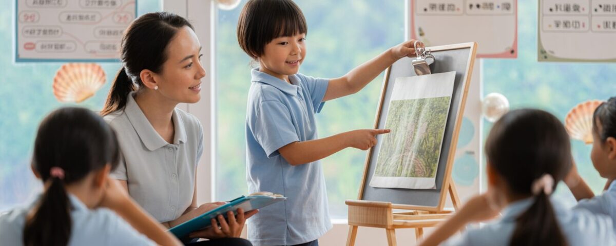 Student presents at Seashell Academy with teacher support, nature scene, Chinese vocabulary walls.