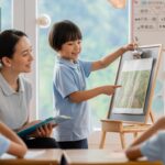 Student presents at Seashell Academy with teacher support, nature scene, Chinese vocabulary walls.