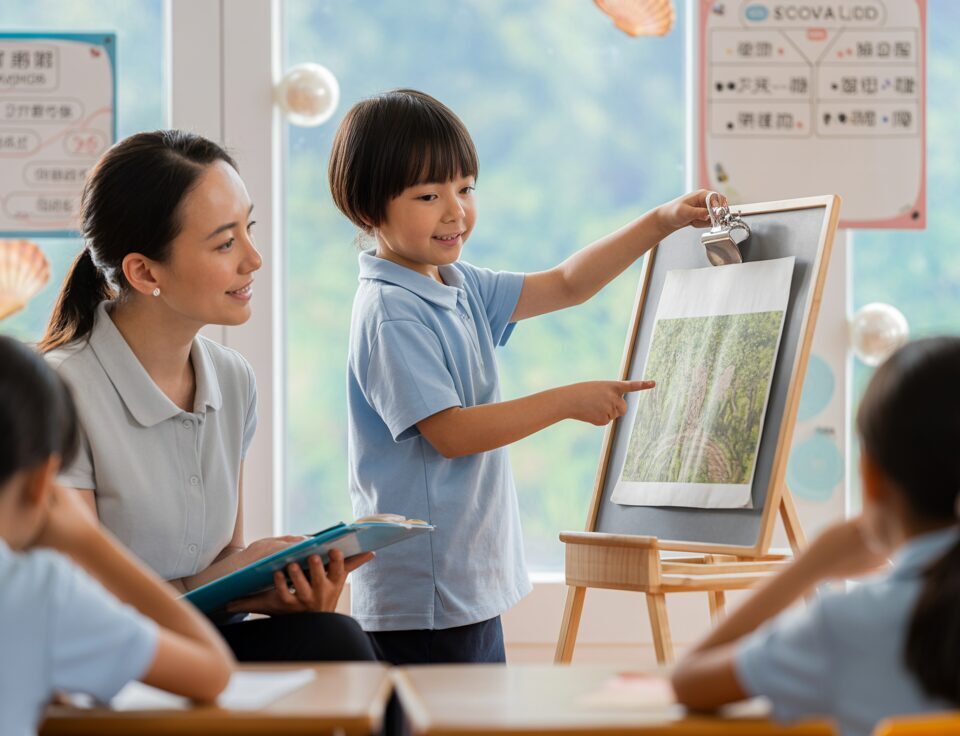 Student presents at Seashell Academy with teacher support, nature scene, Chinese vocabulary walls.