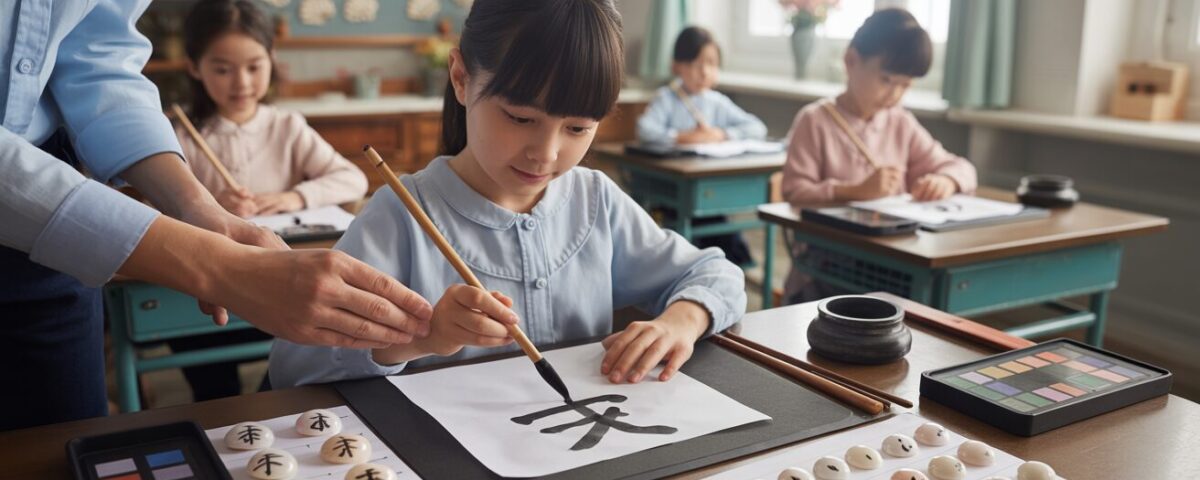 Student writes Chinese character with teacher's guidance in a warm classroom.