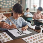 Student writes Chinese character with teacher's guidance in a warm classroom.