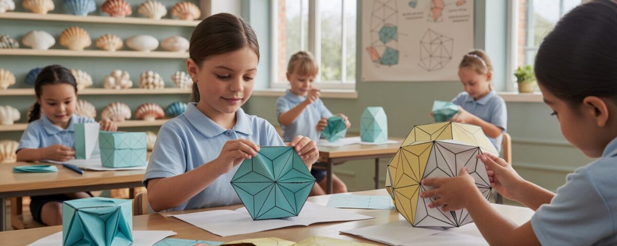 Students fold colorful cube nets, with 3D models and a mind-map in a sunlit classroom.