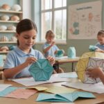 Students fold colorful cube nets, with 3D models and a mind-map in a sunlit classroom.