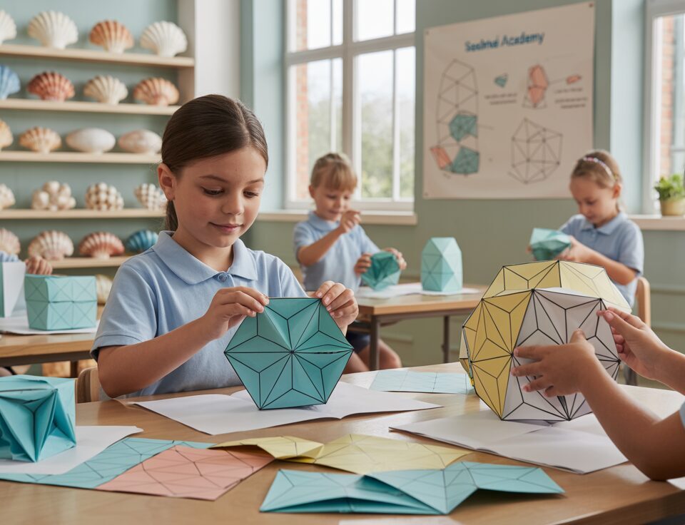 Students fold colorful cube nets, with 3D models and a mind-map in a sunlit classroom.