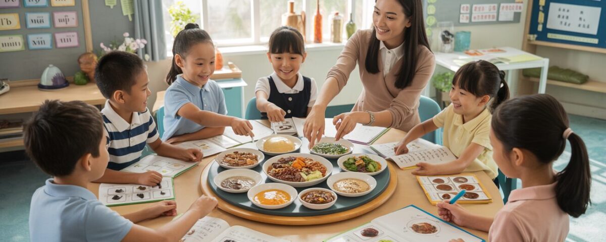 Students in Singapore classroom learning Chinese with food-themed activity.
