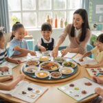 Students in Singapore classroom learning Chinese with food-themed activity.