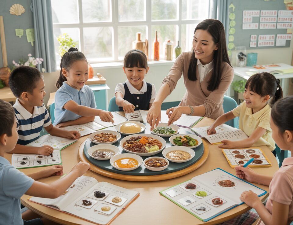 Students in Singapore classroom learning Chinese with food-themed activity.