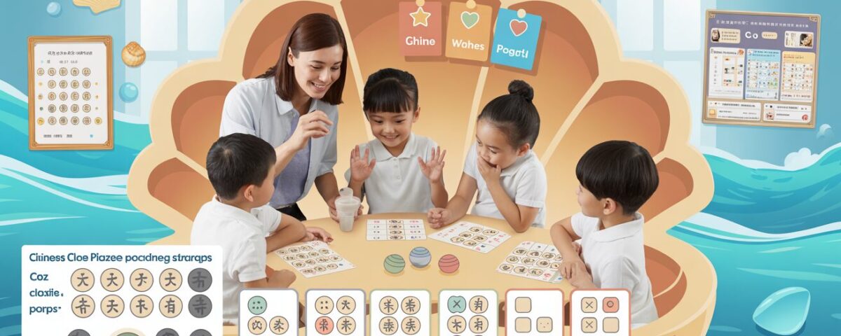 Stylized seashell classroom with Chinese teacher guiding diverse students.