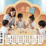 Stylized seashell classroom with Chinese teacher guiding diverse students.