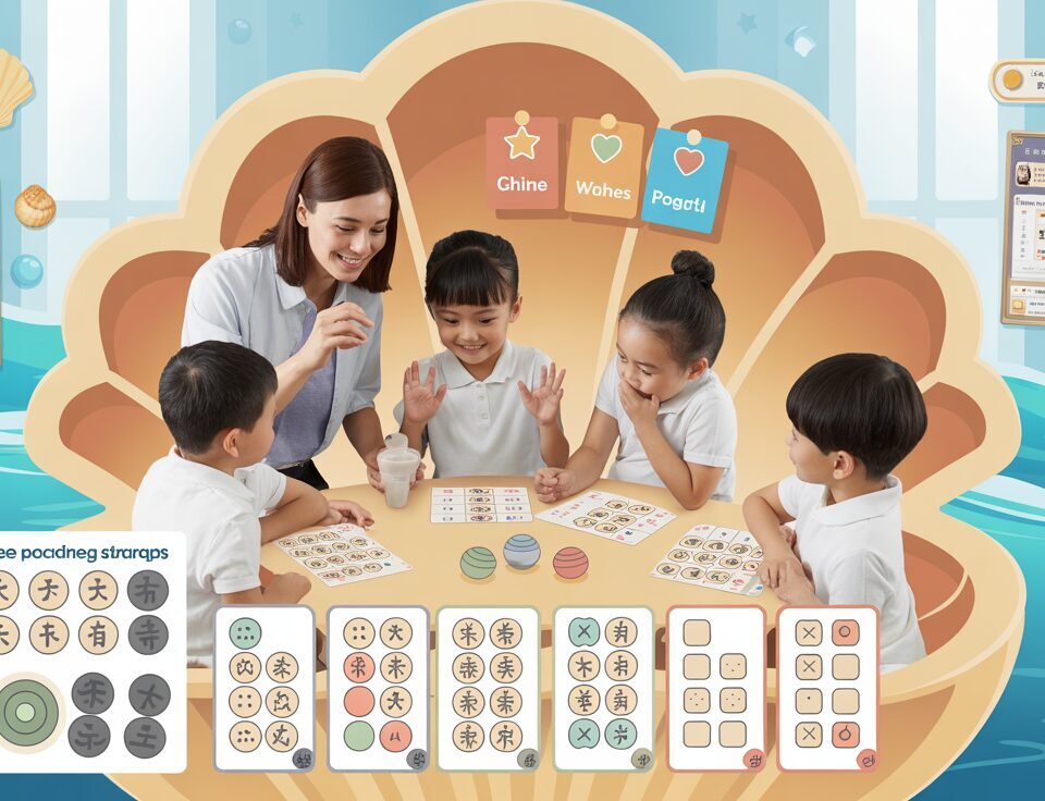 Stylized seashell classroom with Chinese teacher guiding diverse students.