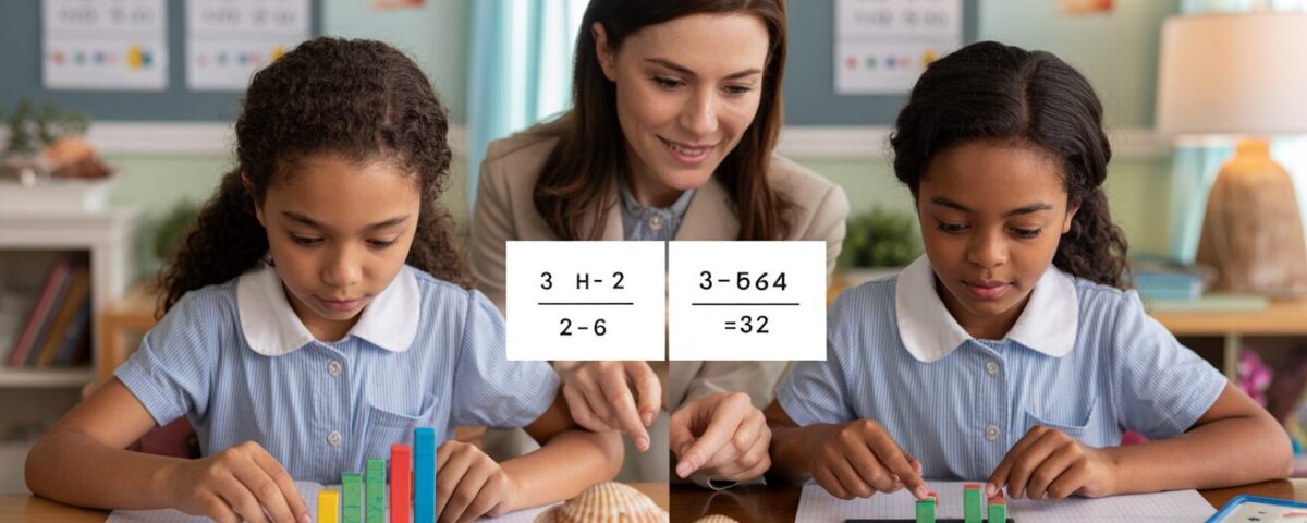 Two students solve math problems differently with teacher support in a bright classroom.