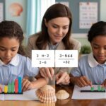 Two students solve math problems differently with teacher support in a bright classroom.