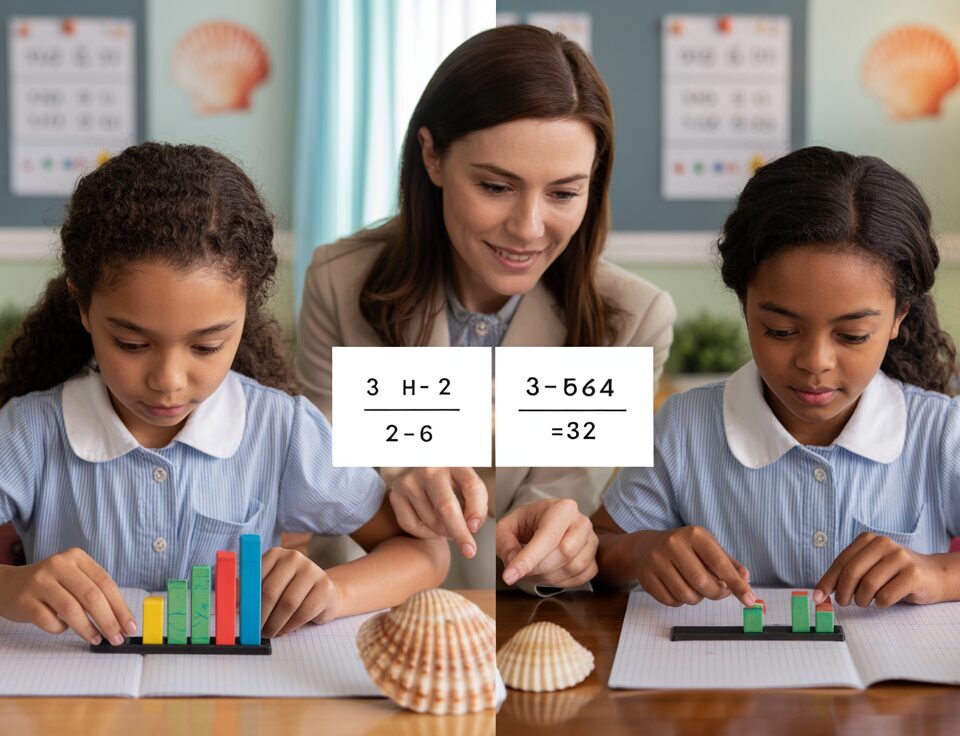 Two students solve math problems differently with teacher support in a bright classroom.