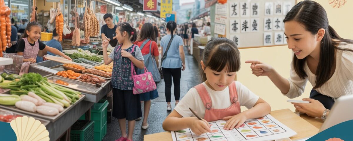 Vibrant Chinese market beside a classroom with a student and teacher engaged in learning.