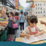 Vibrant Chinese market beside a classroom with a student and teacher engaged in learning.