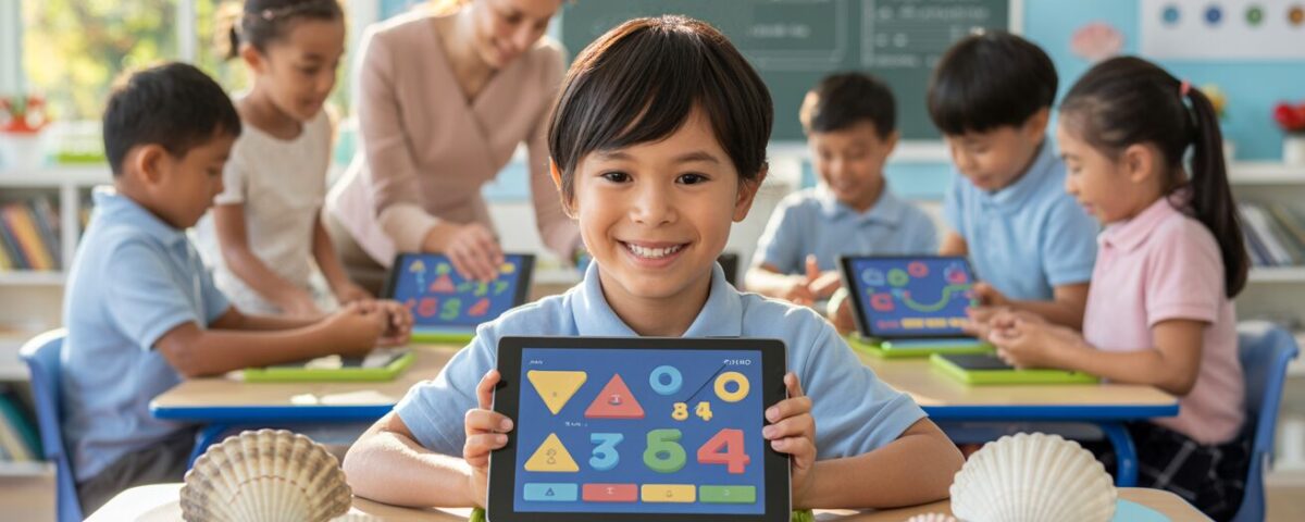 Asian student, 8-10, uses tablet for math games in a seashell-themed classroom.