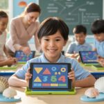 Asian student, 8-10, uses tablet for math games in a seashell-themed classroom.