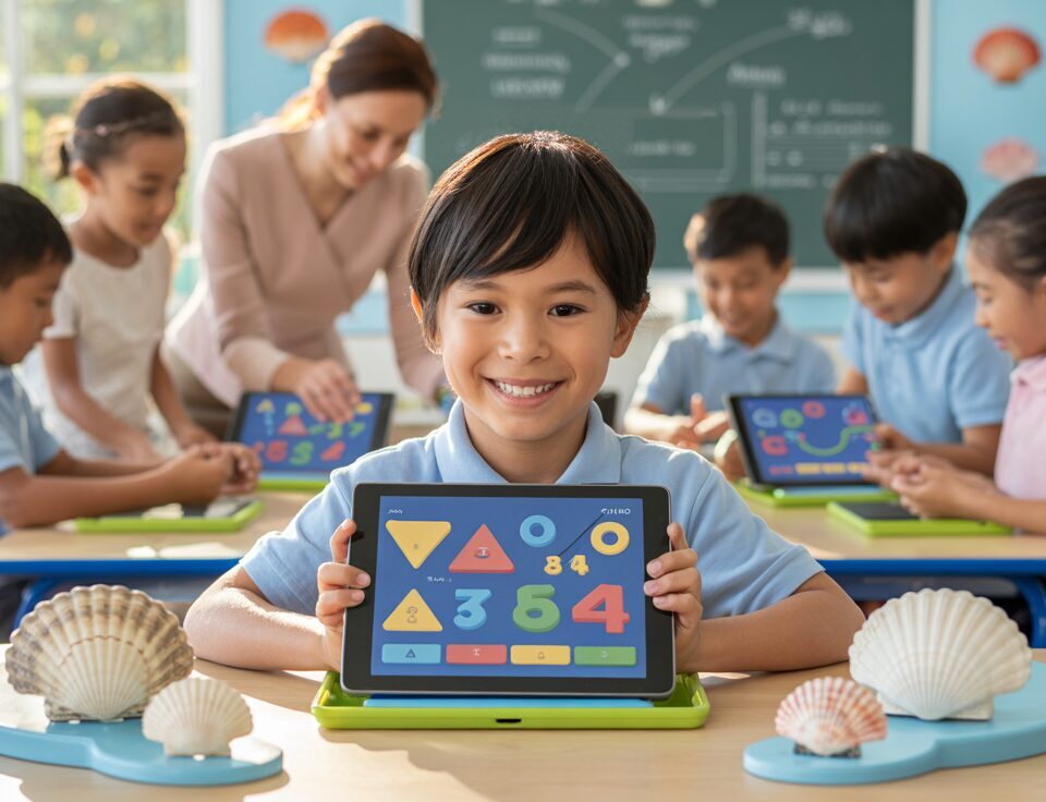 Asian student, 8-10, uses tablet for math games in a seashell-themed classroom.