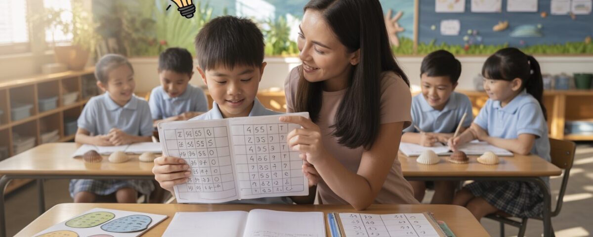 Asian student and teacher discuss math worksheet in a sunlit, seashell-themed classroom.