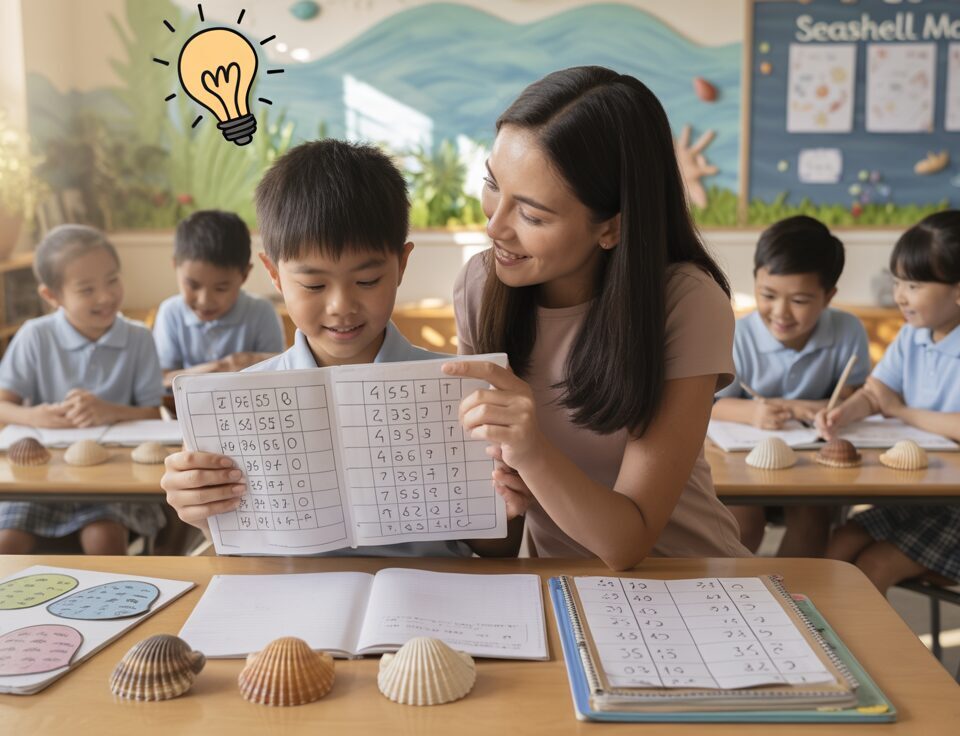 Asian student and teacher discuss math worksheet in a sunlit, seashell-themed classroom.